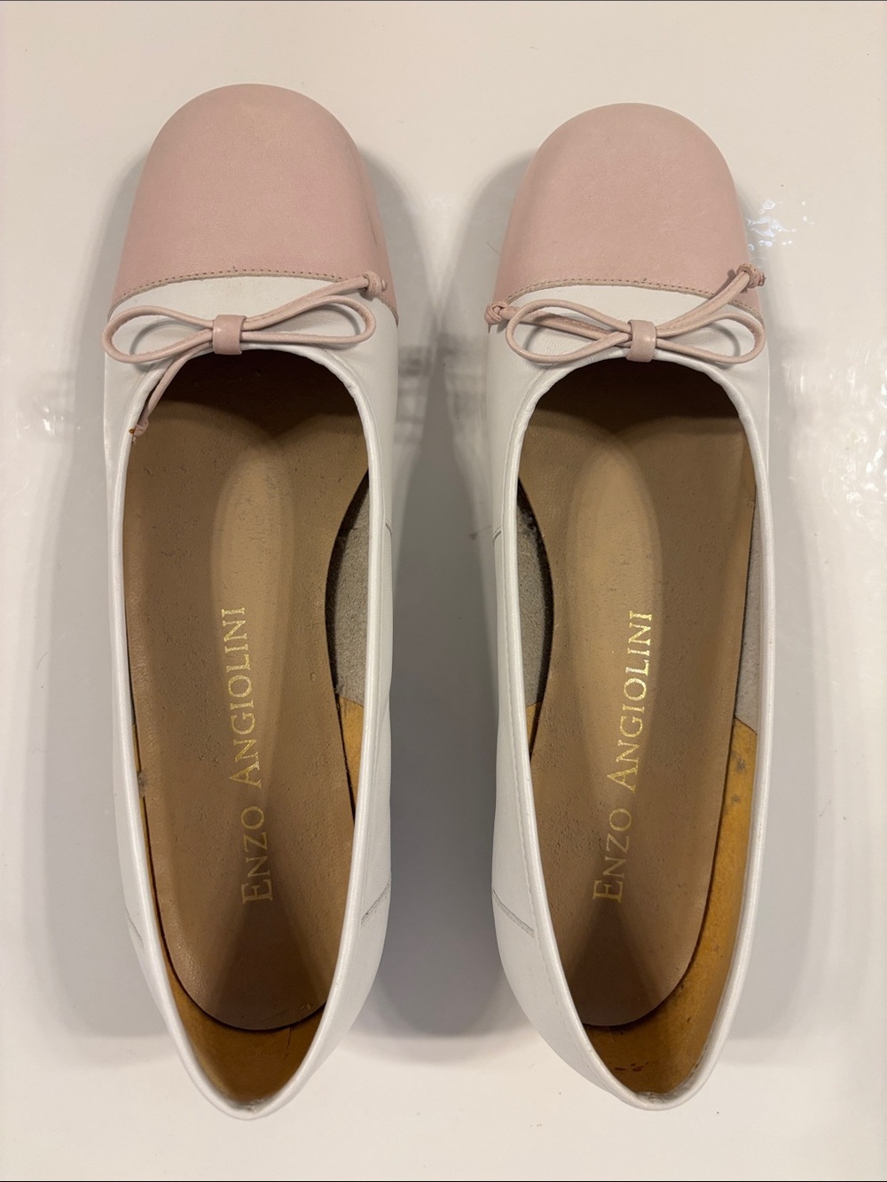 Enzo Angiolini White and Light Pink Cap-Toe Ballet Flats